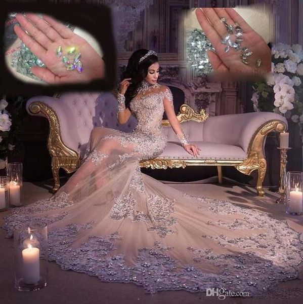 

потрясающие русалка роскошный кристалл свадебные платья из бисера высокая шея аппликации с длинными рукавами свадебные платья прозрачный час, White