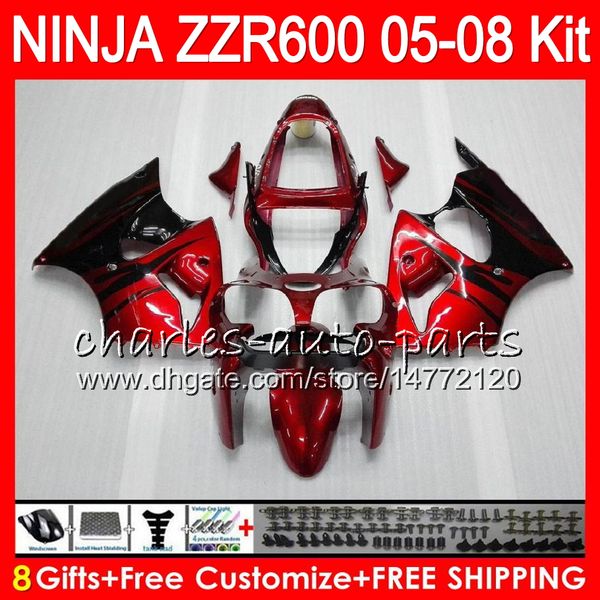 

8gift 23color body for kawa aki ninja zzr600 05 06 07 08 32hm10 600cc zzr 600 zx600 05 zzr 600 2005 2006 2007 2008 fairing kit red flame
