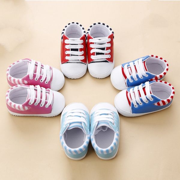 

2018 baby shoes spring cute toddler baby pu striped sneakers boys girls soft sole non-slip crib shoes 0-18m