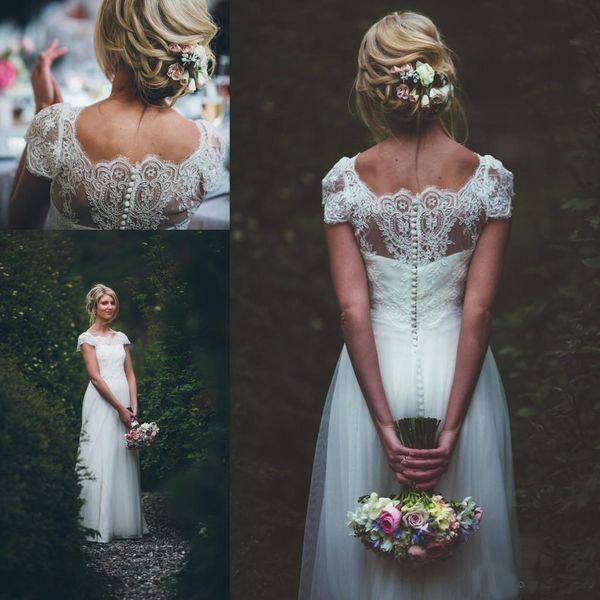 

Vestido Bohemain Country Forest A Line Свадебные Платья 2018 С Коротким Рукавом Кружева Тюль Дешевые