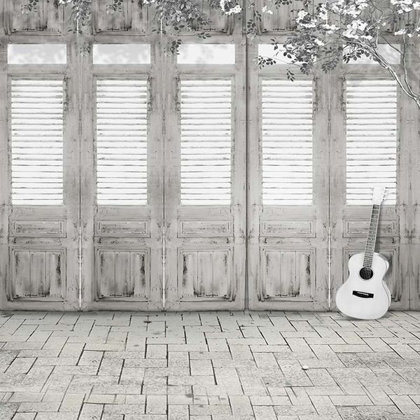 Porta in legno grigio bianco Fondale fotografico Vinile Panno Gitar Pavimento in mattoni Bambini Bambini Fotografia Sfondo Puntelli vintage per cabina da studio per neonati