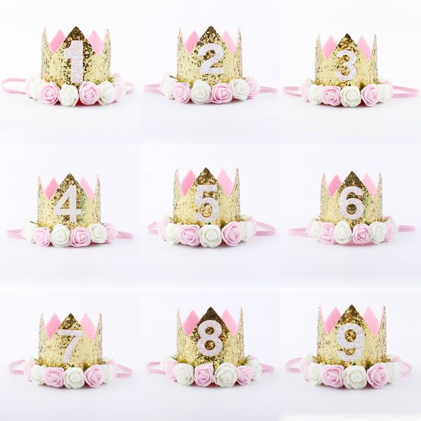 Hot New Gold Baby 1-9st Birthday Sparkly Party Crown Artificiale rosa e bianco crema fiori rosa Tiara fascia HJ152