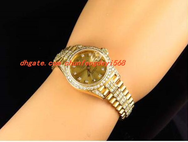 

fashion luxury wristwatch excellent ladies 27mm 18k yellow gold diamond watch automatic watch watches, Slivery;brown