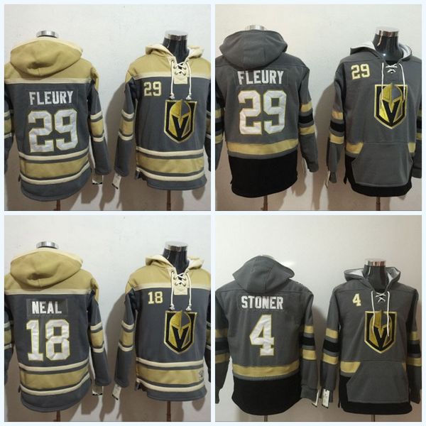 

Mens Vegas Golden Knights Jerseys #29 Marc-Andre Fleury #18 James Neal #4 Clayton Stoner #Blank Grey Hoodie Sweater Hockey Jerseys