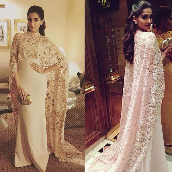 

Fabulous Lace & Stretch Satin High Collar Saudi Arabia Style Evening Dresses with Long Wrap Champagne Prom Dress vestidos longos de festa