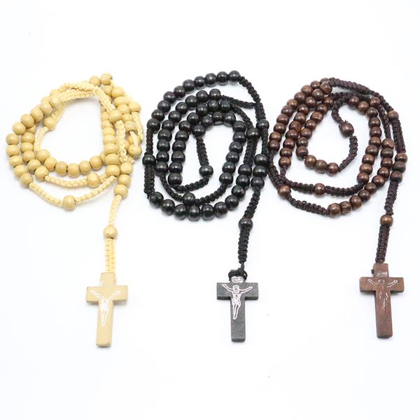 

wholesale-1pc men women new fashion catholic christ wooden 8mm rosary bead cross pendant woven rope necklace, Silver
