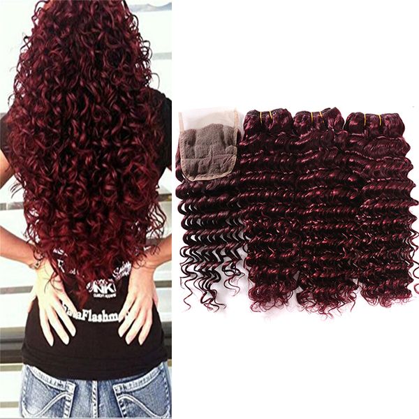 

burgundy lace closure deep wave brazilian human hair wine red raw deep curly ocean wave 99j hair extension weave wavy bundles with closure, Black;brown