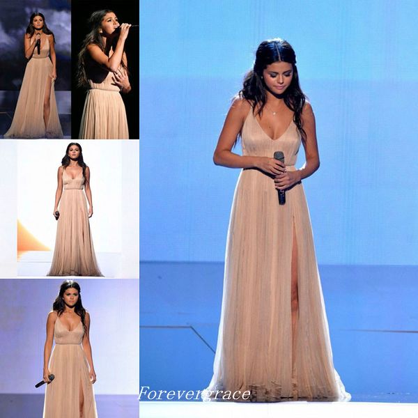 Alta Qualidade Selena Gomez Vestidos de Noite do Tapete Vermelho Chiffon Trem Da Varredura Formal Especial Ocasião Vestido De Festa Vestido Feito Sob Encomenda Plus Size