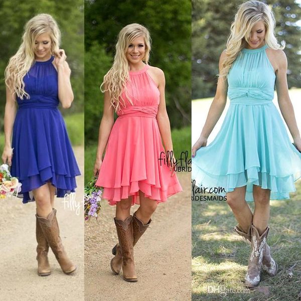 

only $59 country style bridesmaid dresses 2017 halter neck blue short maid of honor gowns knee length junior bridesmaid dresses cps575, White;pink