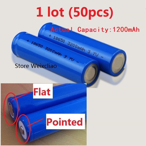 

50pcs 1 lot 18650 3.7V 1200mAh Lithium li ion Rechargeable Battery 3.7 Volt li-ion batteries positive plate Flat or Pointed Free Shipping