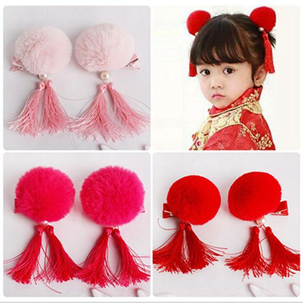 Chinesische Pelz Ball Quaste Haar Clips Rot Haarband Kopf Band Für Mädchen Kinder Kinder Haarnadel Hand Felge Haar Zubehör haar Bögen