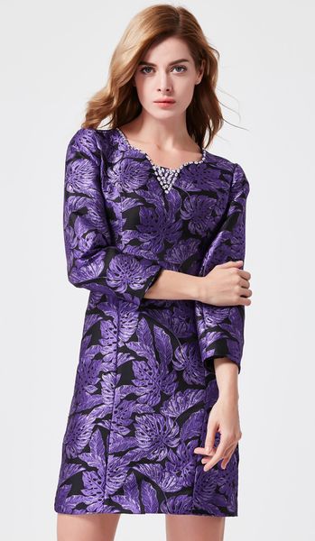 

vintage jacquard women sheath dress beading round neck dresses 119a702, White;black
