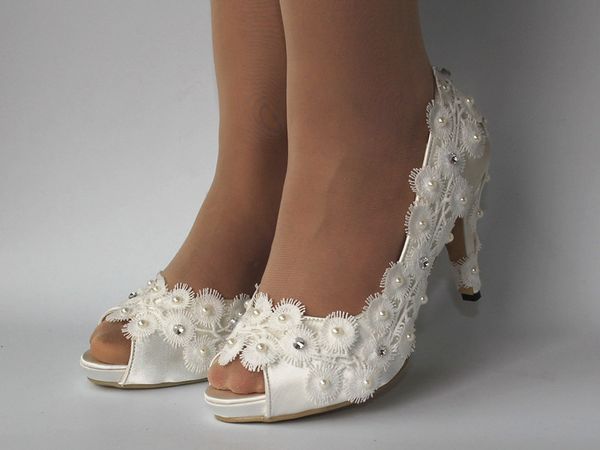 

Новая мода белый шелк кружева открытым носком Кристалл свадебные туфли невесты ж