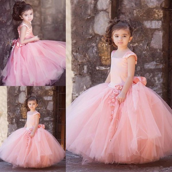 

vintage blush pink tulle ball gowns flower girl dresses for wedding floor length kid first communion gown square hand made flowers bow sash, White;blue