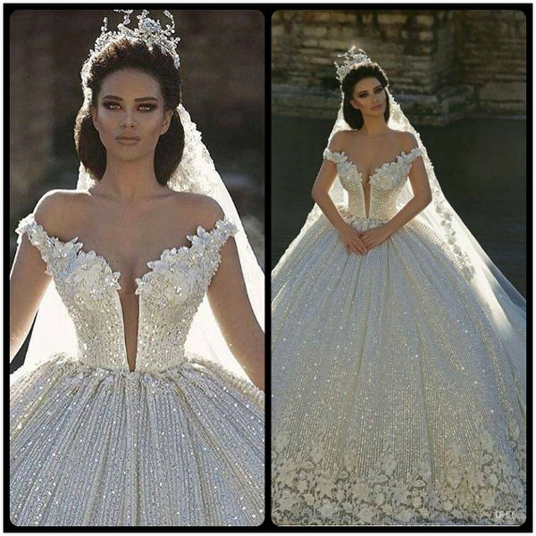 

2020 off shoulder lace appliques ball gown wedding dresses sequined bridal gowns chapel train formal church arabic dubai luxurious, White