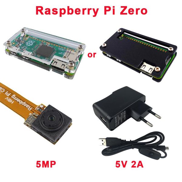 Freeshiping Ahududu Pi Sıfır Kit Akrilik Kılıf + Ahududu Pi Sıfır Kamera 5MP + 5 V 2A Güç Fişi AB ABD İNGILTERE AU + Anahtarı USB Kablosu için RPI Sıfır