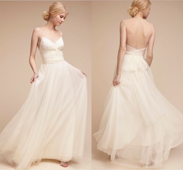 

simple elegant straps a line wedding dresses 2017 sleeveless backless tulle bridal gowns custom made beach wedding gowns, White