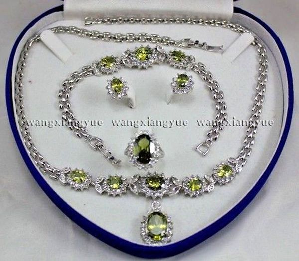 

charmingperidot inlay link bracelet earrings ring pendant necklace set+gift box, Black