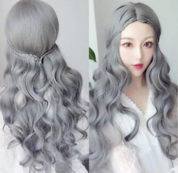 Womens Gray Hair Harajuku Lolita Style Long Wavy Curly Parted