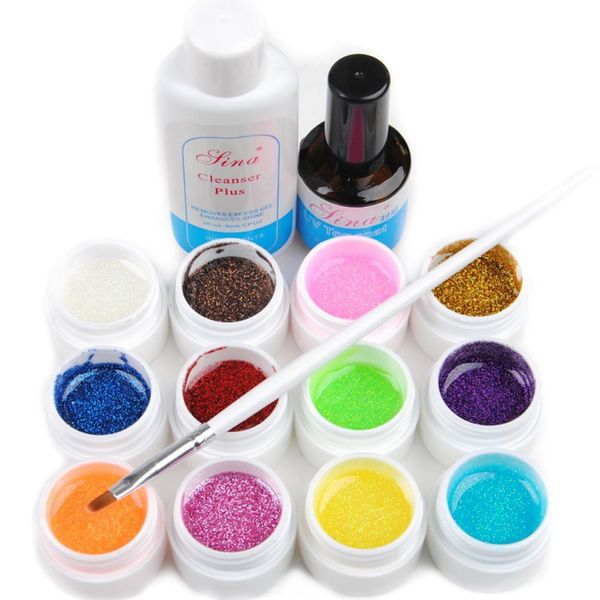 

wholesale- 2016 new glittery 12 uv gel builder nail art cleanser plus coat set tips kit, Red;pink
