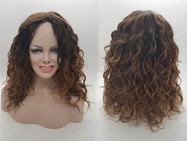 

h6698 new long curly ombre wig dark roots heat resistant fiber wig natural hair for black and white women, Black;brown