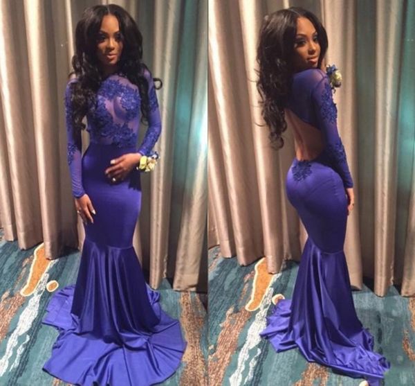 

royal blue open back evening gowns with long sleeves lace applique see through mermaid prom dresses african formal party dress cheap, Black