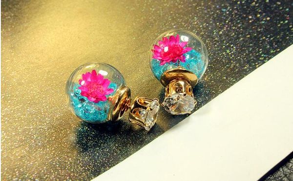 

glass ball ear studs, double round earring earrings for women, Golden;silver