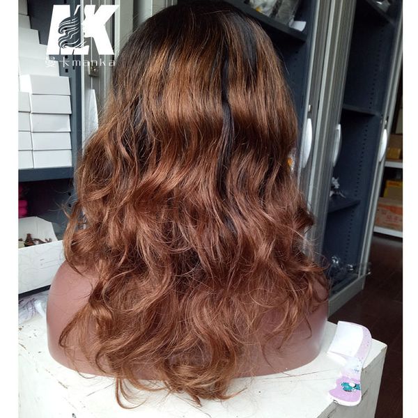 

two tone fashion wavy 130%-150%density ombre human hair lace front wig brazilian wigs with bangs, Black;brown