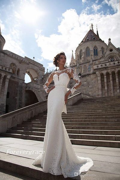 

south african mermaid lace long sleeves wedding dress crew neck applique women bridal gown plus size custom made vestido de noiva longo, White