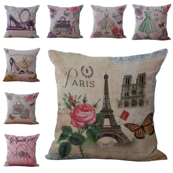 Romantic Paris Eiffel Tower Pillow Case Cushion Cover Linen Cotton