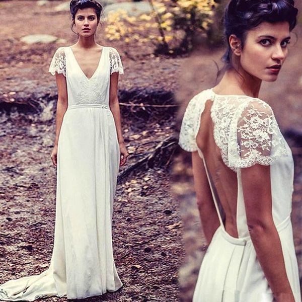 

новые пляжные шифоновые свадебные платья 2019 sweep train с глубоким v-образным вырезом в богемном стиле с короткими рукавами и кружевными с, White