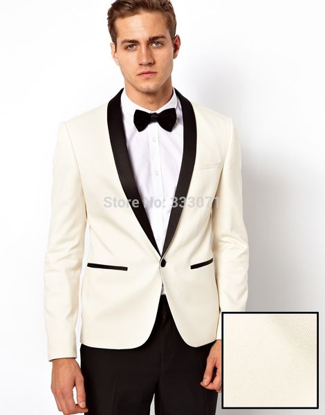 Wholesale- 2016 Ivory Jacket With Black Satin Lapel Groom Tuxedos Groomsmen Best Man Suit Mens Wedding Suits Jacket+Pants+Bow Tie