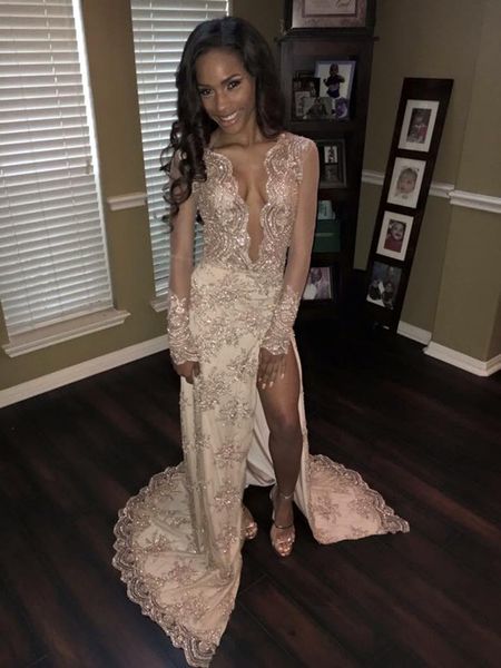 

2017 afric sparkly champagne prom dresses long sleeves deep v-neck side split evening gown beaded lace appliques celebrity dress ba4273, Black