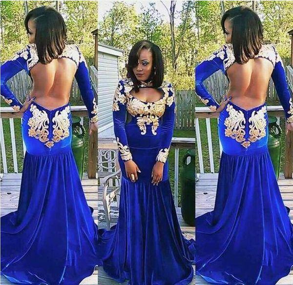 

royal blue сексуальные платья выпускного вечера с русалкой и открытой спиной черные девушки с длинными рукавами бархат с высоким воротом и з, Black