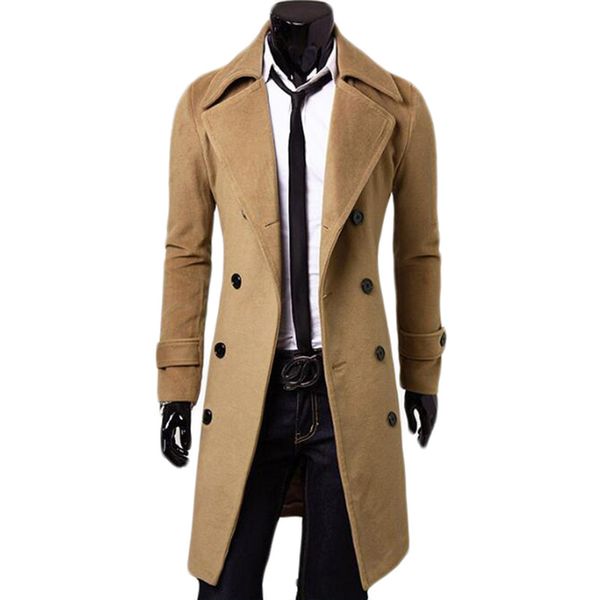 

wholesale- double breasted x-long jacket woolen blends windbreaker palto jaqueta masculina men winter coat hombre mens jackets and coats, Black