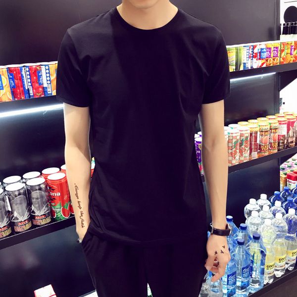 

casual t slim short sleeve crew neck shirt solid men short neck round sleeve fit summer breathable sweat cotton thin color pullove gapa, Black