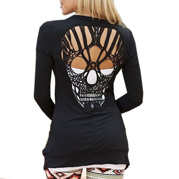 

wholesale- 2016 fashion women's casual jacket jumper long sleeve t shirt back skull cut out shirt kj2, White