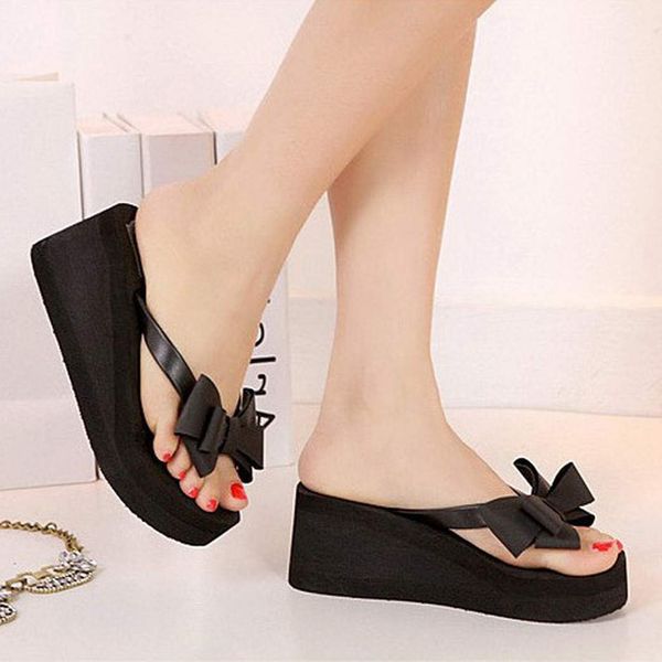 

wholesale-new 1pair summer fashion women shoes sandalet knotbow sandals shoes beach flat wedges flip flops womens platform flip flops, Black