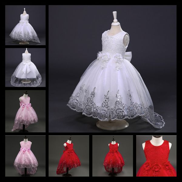 

2017 Новый Белый Красный Кружева Тюль Платье Девушки Цветка Принцесса Перл Бальное