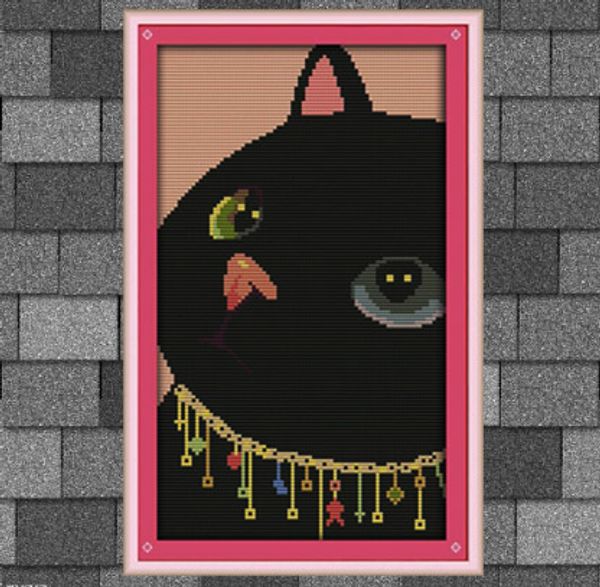 Schwarze Katze, schönes Cartoon-Gemälde, DIY handgemachtes Kreuzstich-Handarbeitsset, Sticksets, gezählt, gedruckt auf Leinwand DMC 14CT 11CT
