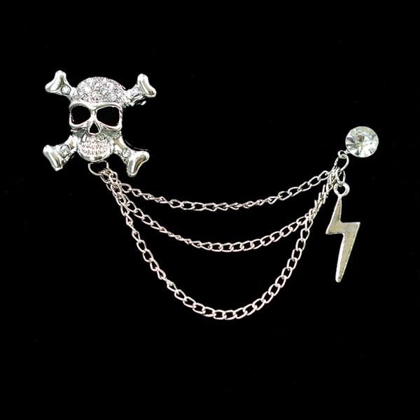 

wholesale- skeleton & charm tassel brooches shirt suit collar three layer chain skull punk gothic pins jewelry for men's gift, Gray