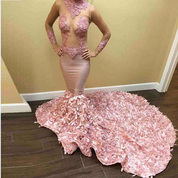 Lindo Rosa Handmade Long Train Prom Vestidos Lace Apliques Sheer Mangas Compridas Sereia Vestidos de Noite 2k17 Ver Através Vestidos Sweep Trem