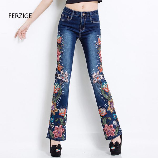 

wholesale- ferzige women jeans with embroidery manual embroidered flares pants hand beading bell bottoms stretch denim jean ladies 36, Blue