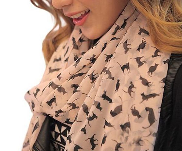 

wholesale-fashion women soft chiffon colorful sweet cartoon cat kitten scarf graffiti style shawl girls christmas gift fast shipping, Blue;gray