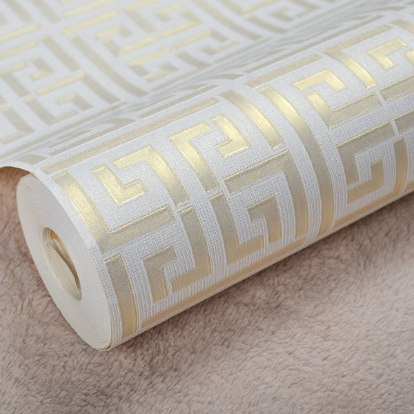 

wholesale-contemporary modern geometric wallpaper neutral greek key design pvc wall paper for bedroom 0.53m x 10m roll gold on white
