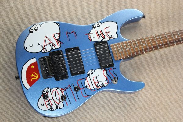

custom tom morello arm homeless metallic blue electric guitar emg pickups flody rose tremolo bridge white mop dot fingerboard inlay