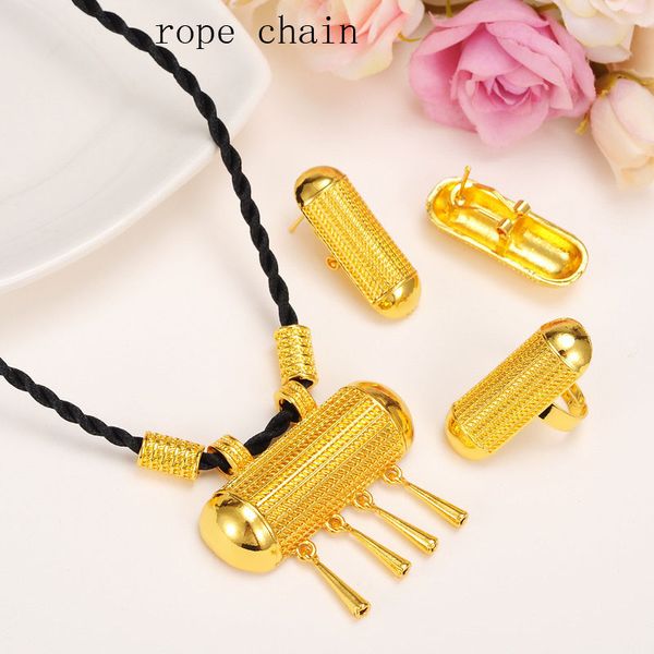 Ultime Moggy Piccola campana Set di gioielli antichi Collana Orecchini Anello pendente 14k Giallo oro fine GF Eritrea Moda donna Habesha