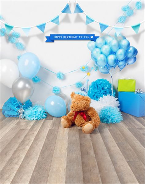 Pano de fundo para fotos de aniversário de bebês recém-nascidos, balões azuis, urso de pelúcia, chão de madeira, fundo fotográfico, festa, estúdio fotográfico, adereço