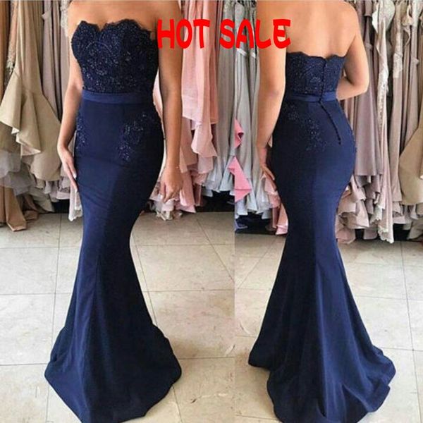 Splendido vestito da ballo sexy blu navy con sirena senza spalline, scollo a cuore, senza maniche, applicazioni di pizzo con perline, abiti da festa da sera, fascia personalizzata economica