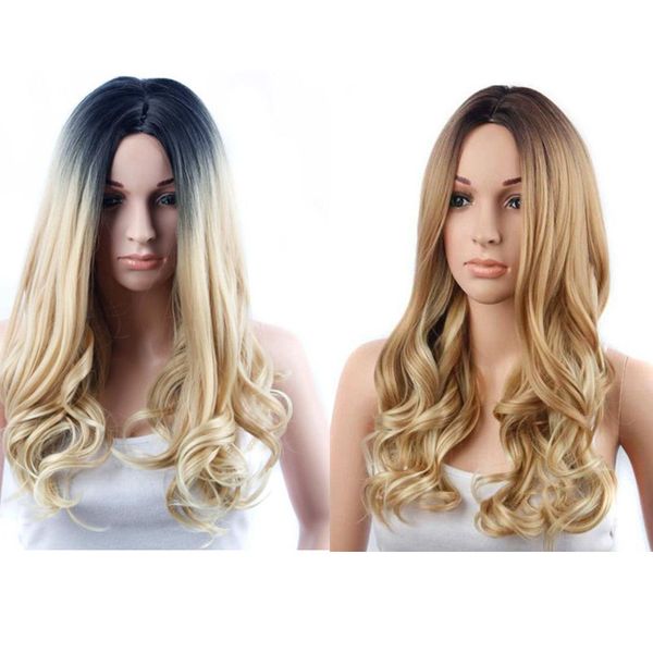 Ombre Perucas de Cabelo Encaracolado Peruca Longa Ombre Três Cores 26 polegadas Parte Médio Resistente Ao Calor Perucas de Cabelo Sintético